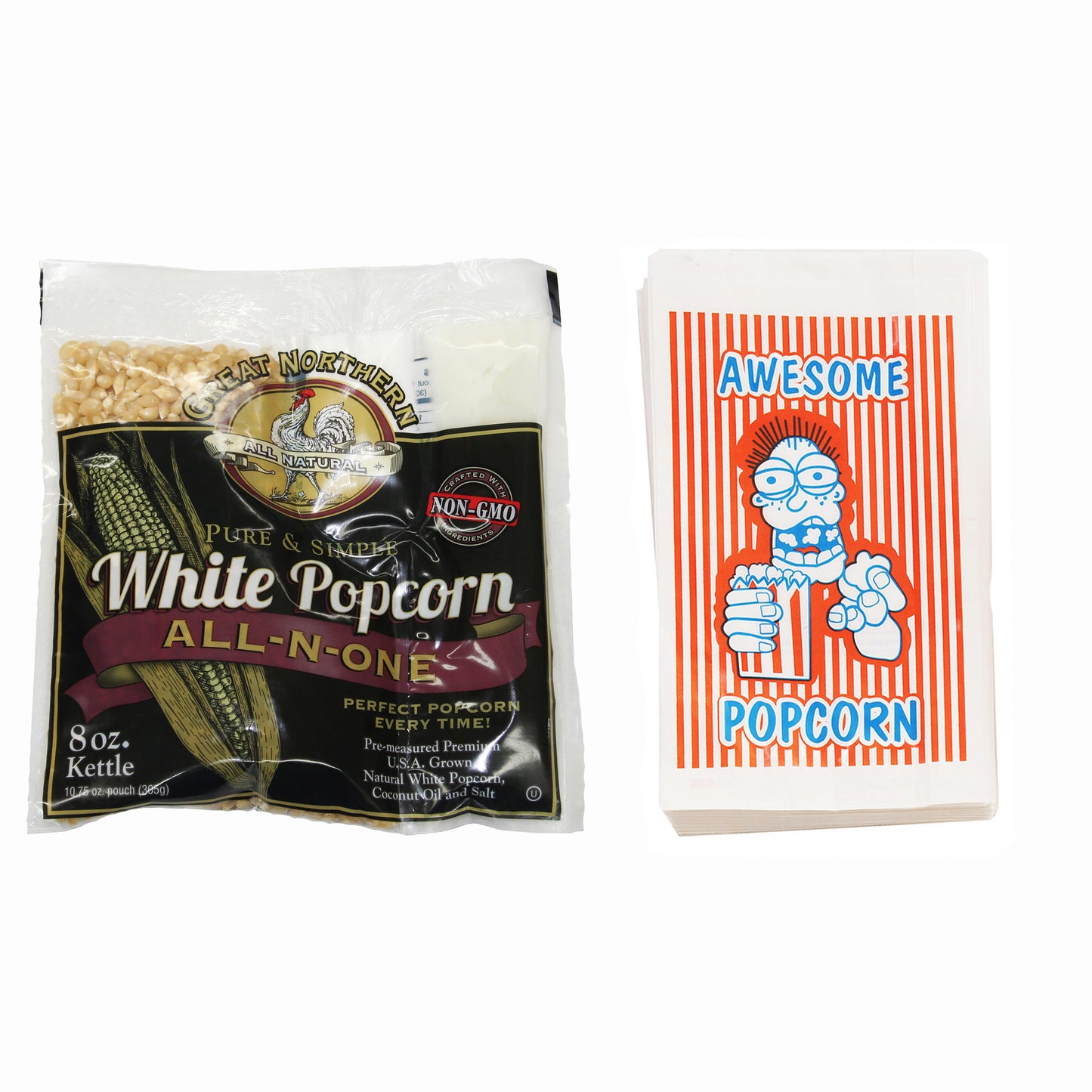 100 Popcorn Bags and 8 Ounce All-in-One Popcorn Packs  – Case of 24