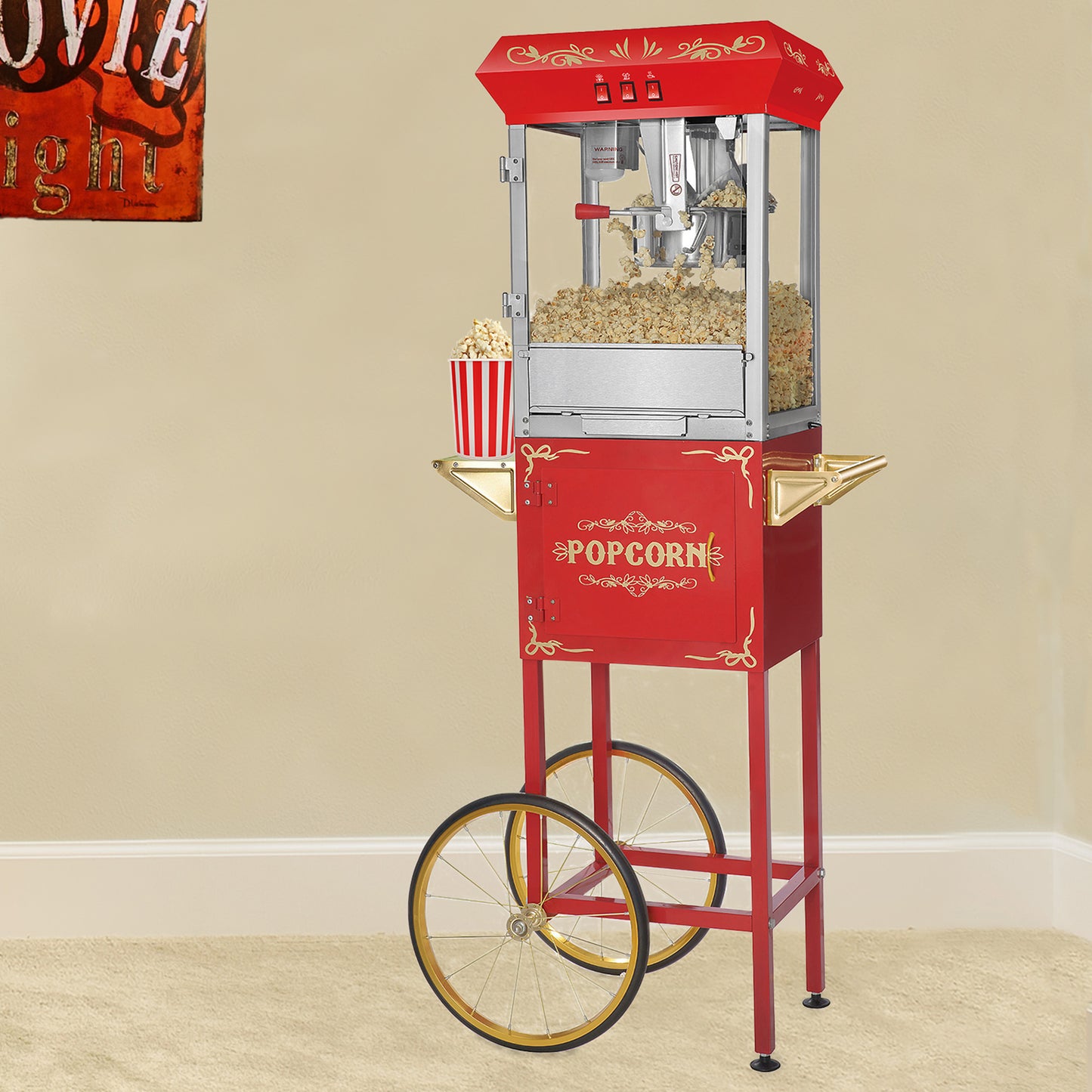 Foundation Popcorn Machine with Cart, 8 Ounce Kettle and 5 All-In-One Popcorn Packs -Red