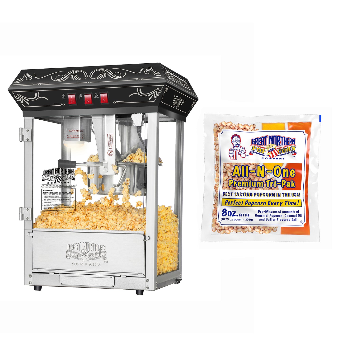 Good Time Countertop Popcorn Machine with 8 Ounce Kettle and 5 All-In-One Popcorn Packs - Black