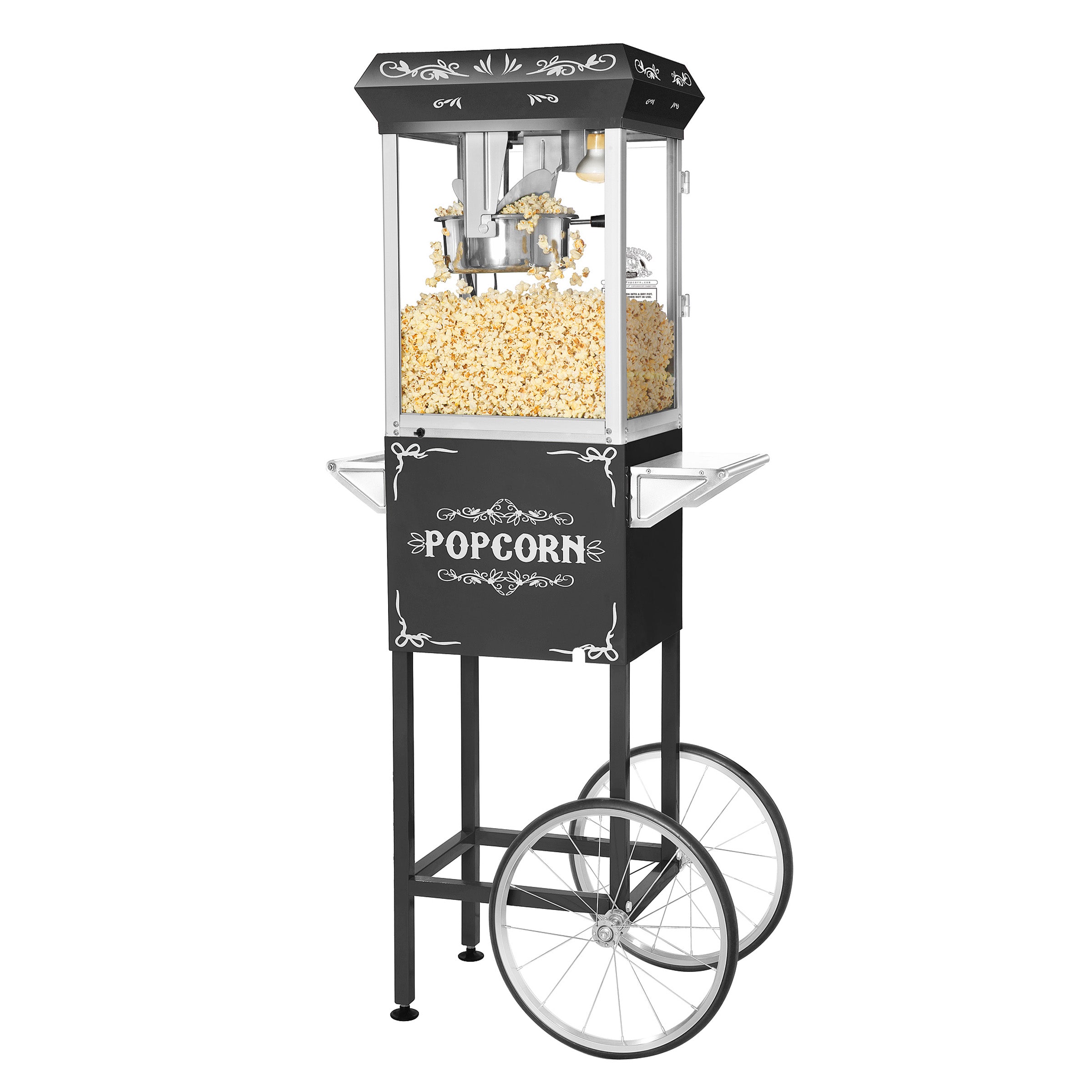 Corn rush popcorn machine with 3 candy dispenser & cart, 8oz - black