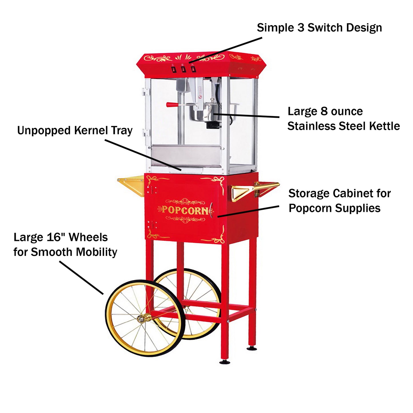 Great Northern Popcorn 8oz Popper with Cart, Red