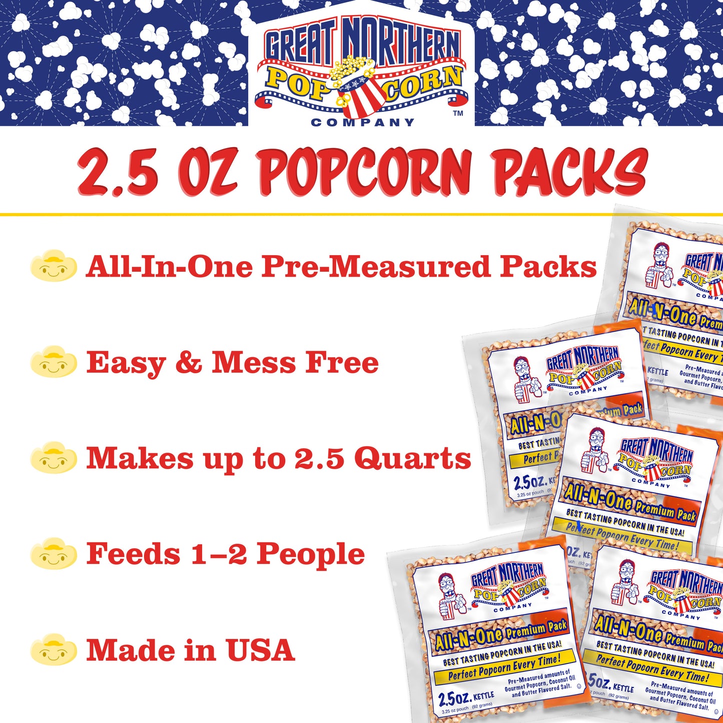 100 Popcorn Bags and 2.5 Ounce All-in-One Popcorn Packs  – Case of 24