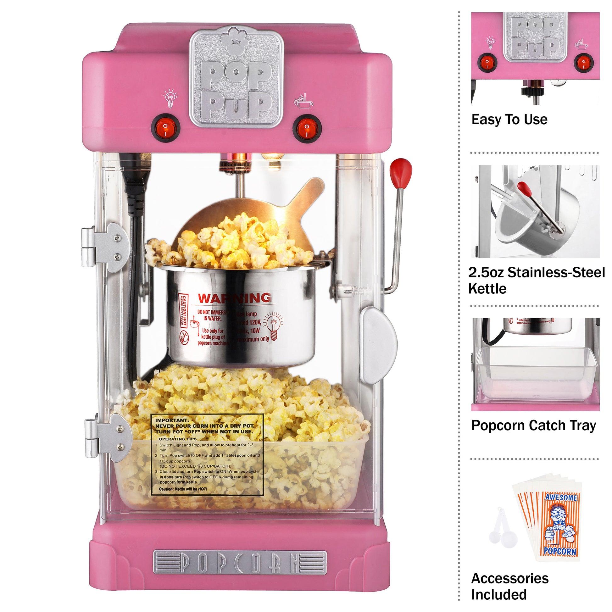 Great Northern 2.5 oz. Kettle Pink Little Bambino Countertop Popcorn Machine with Measuring Spoon, Scoop, and 25-Serving Bags
