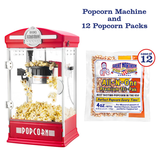 Big Bambino Popcorn Machine with 4 Ounce Kettle and 12 Pack of All-In-One Popcorn Kernel Packets  - Red