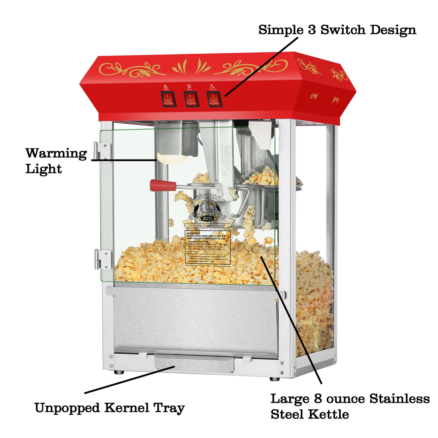 Carnival Countertop Popcorn Machine with 8oz Kettle and 5 All-In-One Popcorn Packs - Red