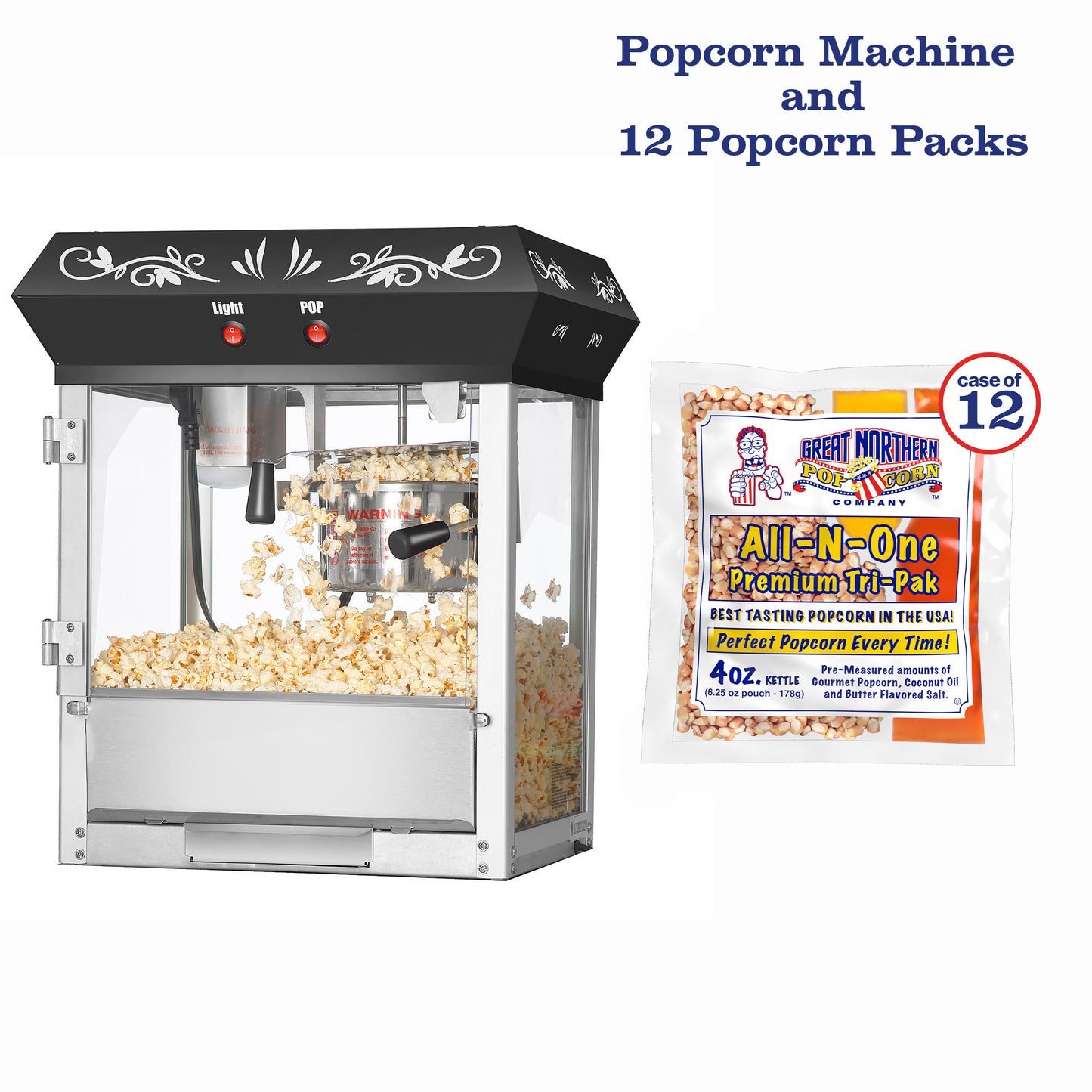 Foundation Countertop Popcorn Machine with  4oz Kettle and 12 All-In-One Popcorn Packs - Black