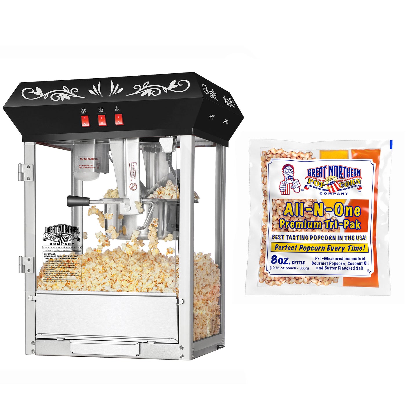 Great Northern 4 oz. Black Foundation Countertop Popcorn Machine- 1.25 gal. Popcorn Popper and 12 All-in-One Popcorn Packs