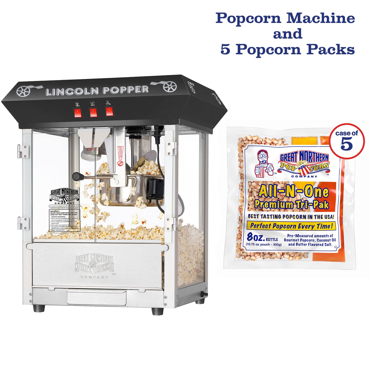 Lincoln Countertop Popcorn Machine with 8 Ounce Kettle and 5 All-In-One Popcorn Packs - Black