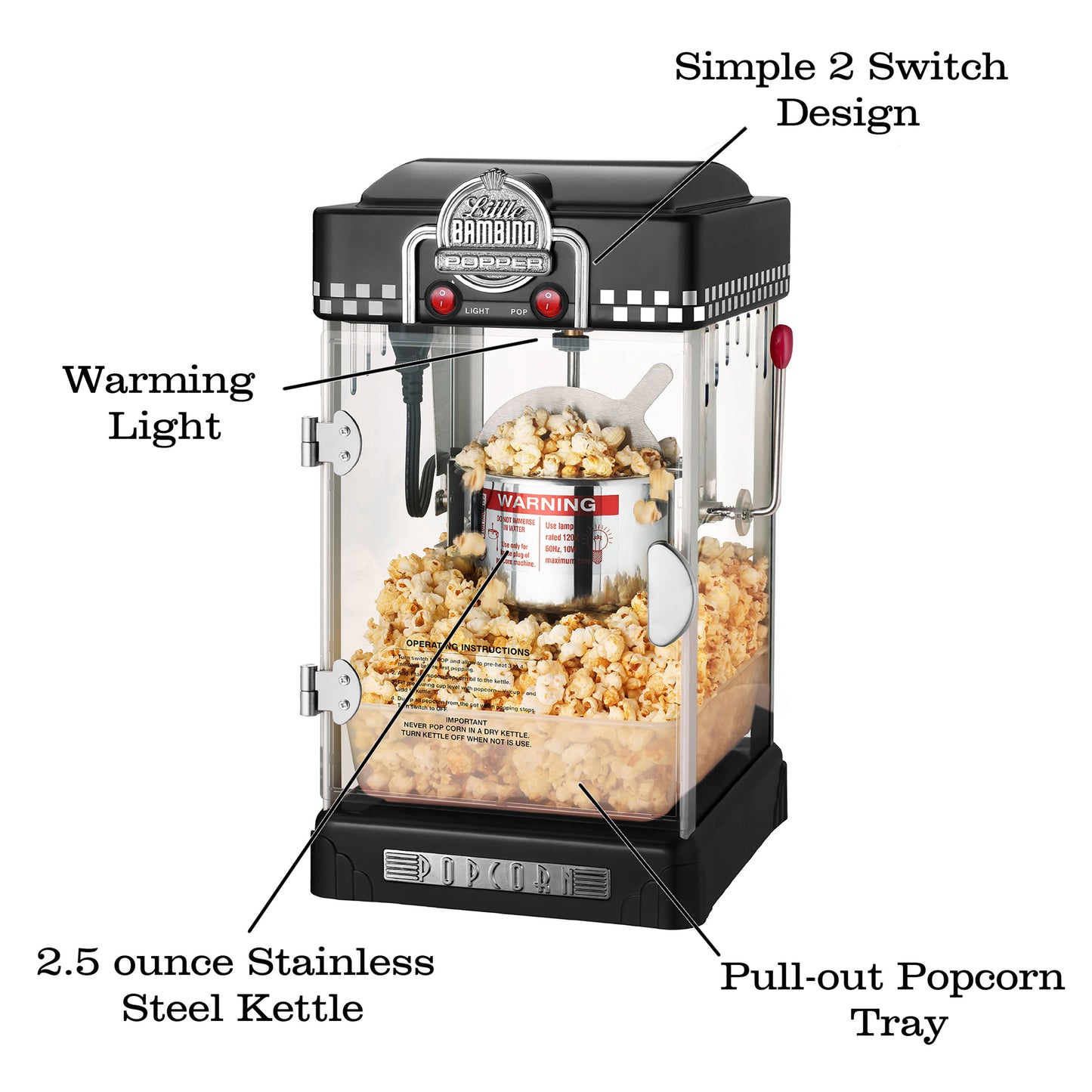 Little Bambino Popcorn Machine with 2.5 Ounce Kettle and 12 Pack of All-In-One Popcorn Kernel Packets - Black