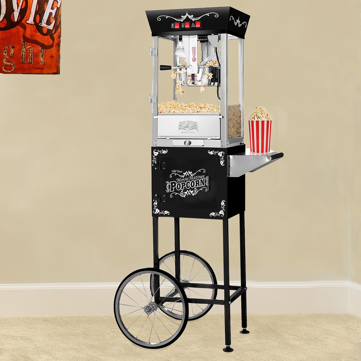 Matinee Popcorn Machine with Cart, 8 Ounce Kettle and  5 All-In-One Popcorn Packs - Black
