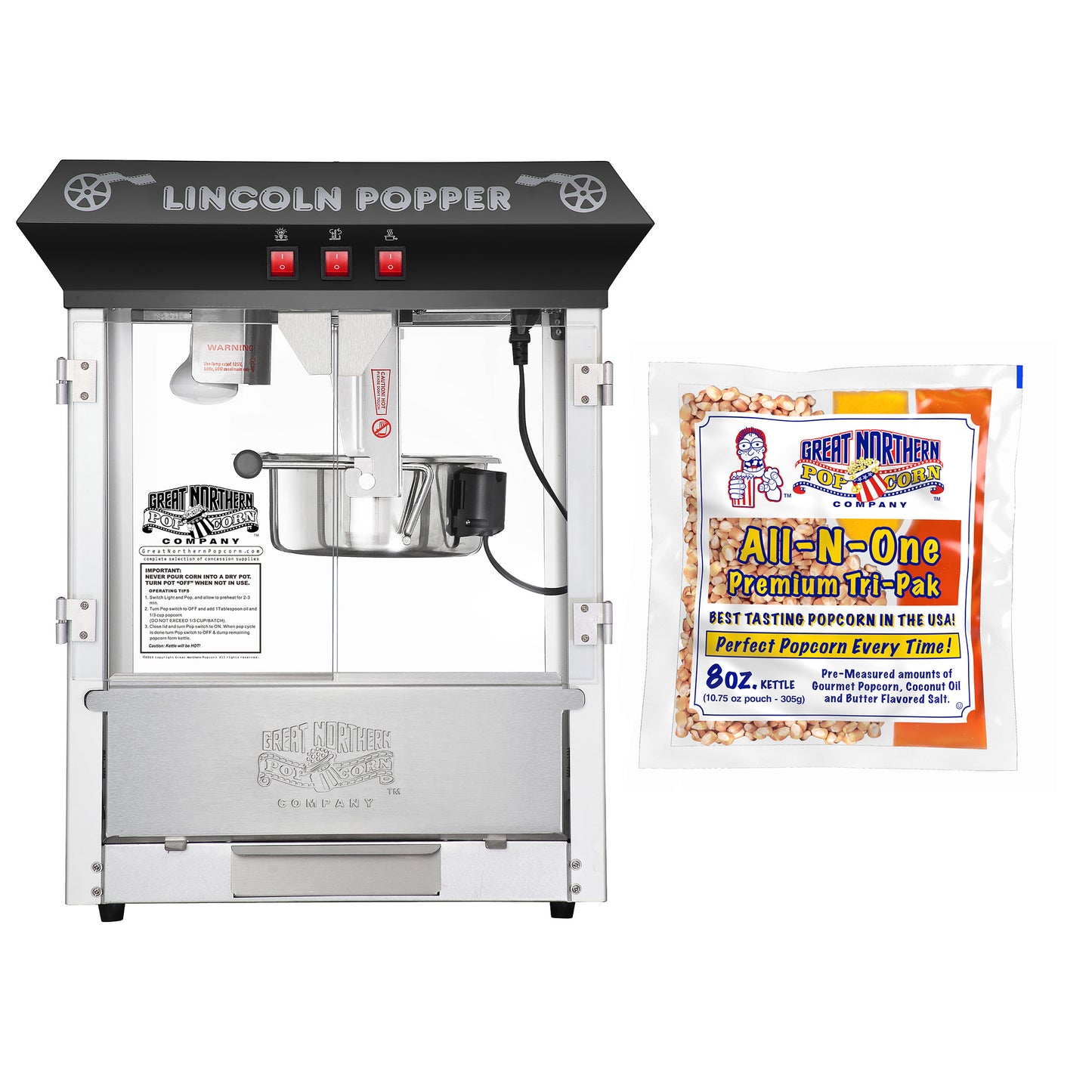 Lincoln Countertop Popcorn Machine with 8 Ounce Kettle and 5 All-In-One Popcorn Packs - Black