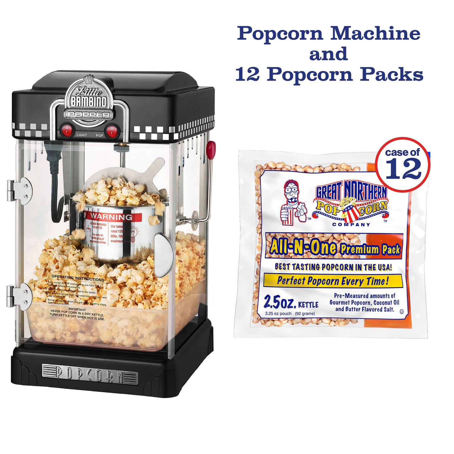 Little Bambino Popcorn Machine with 2.5 Ounce Kettle and 12 Pack of All-In-One Popcorn Kernel Packets - Black