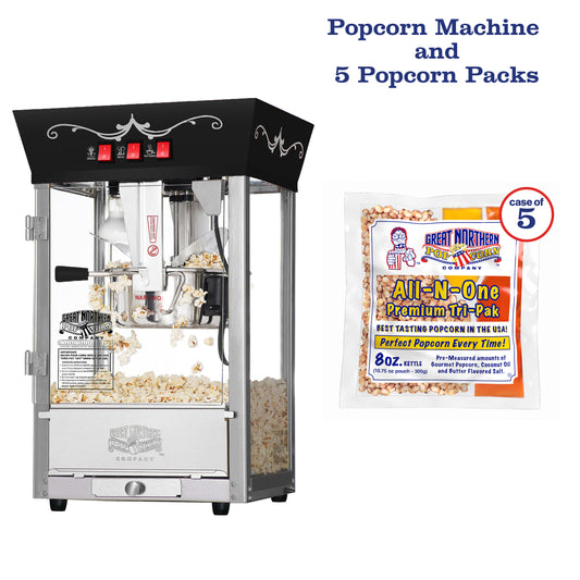 Matinee Countertop Popcorn Machine with 8 Ounce Kettle and 5 All-In-One Popcorn Packs - Black