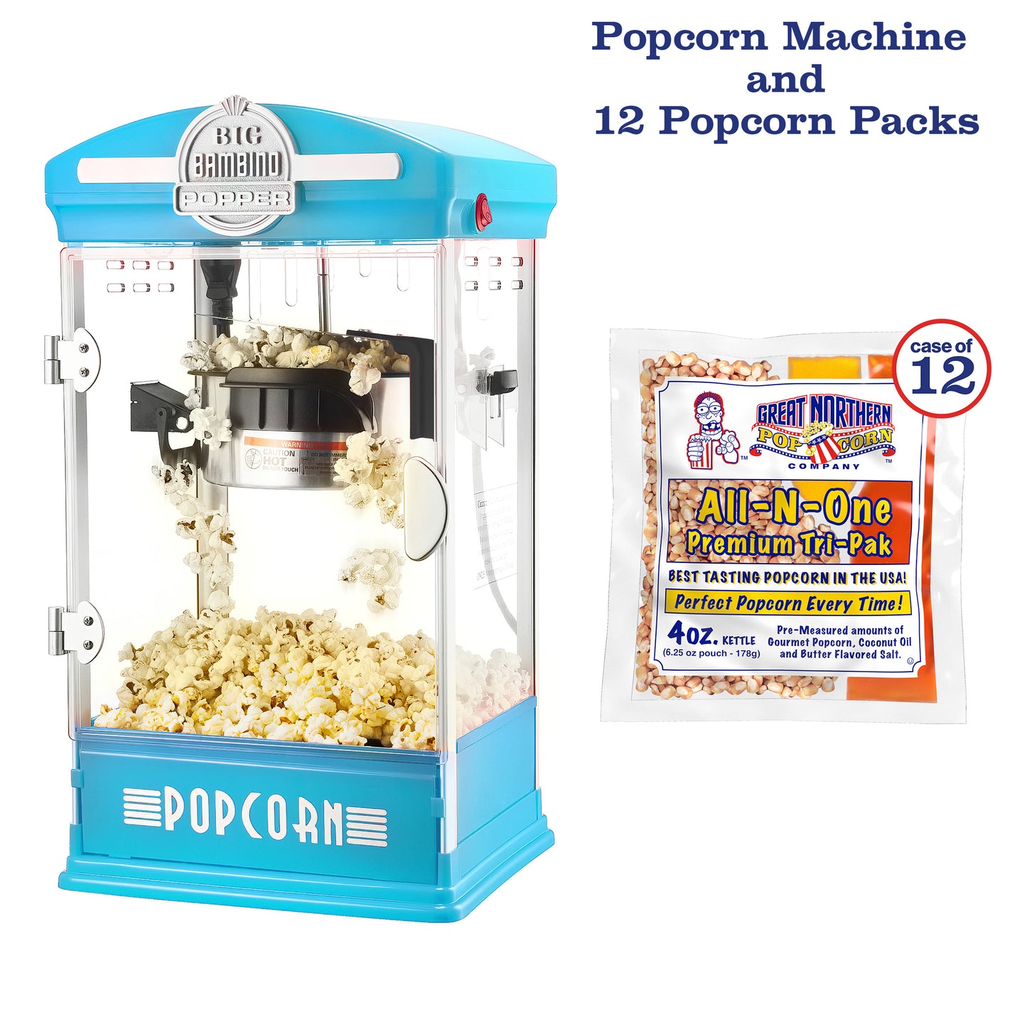 Big Bambino Popcorn Machine  with  4 Oz Kettle and 12 Pack of All-In-One Popcorn Kernel Packets - Blue