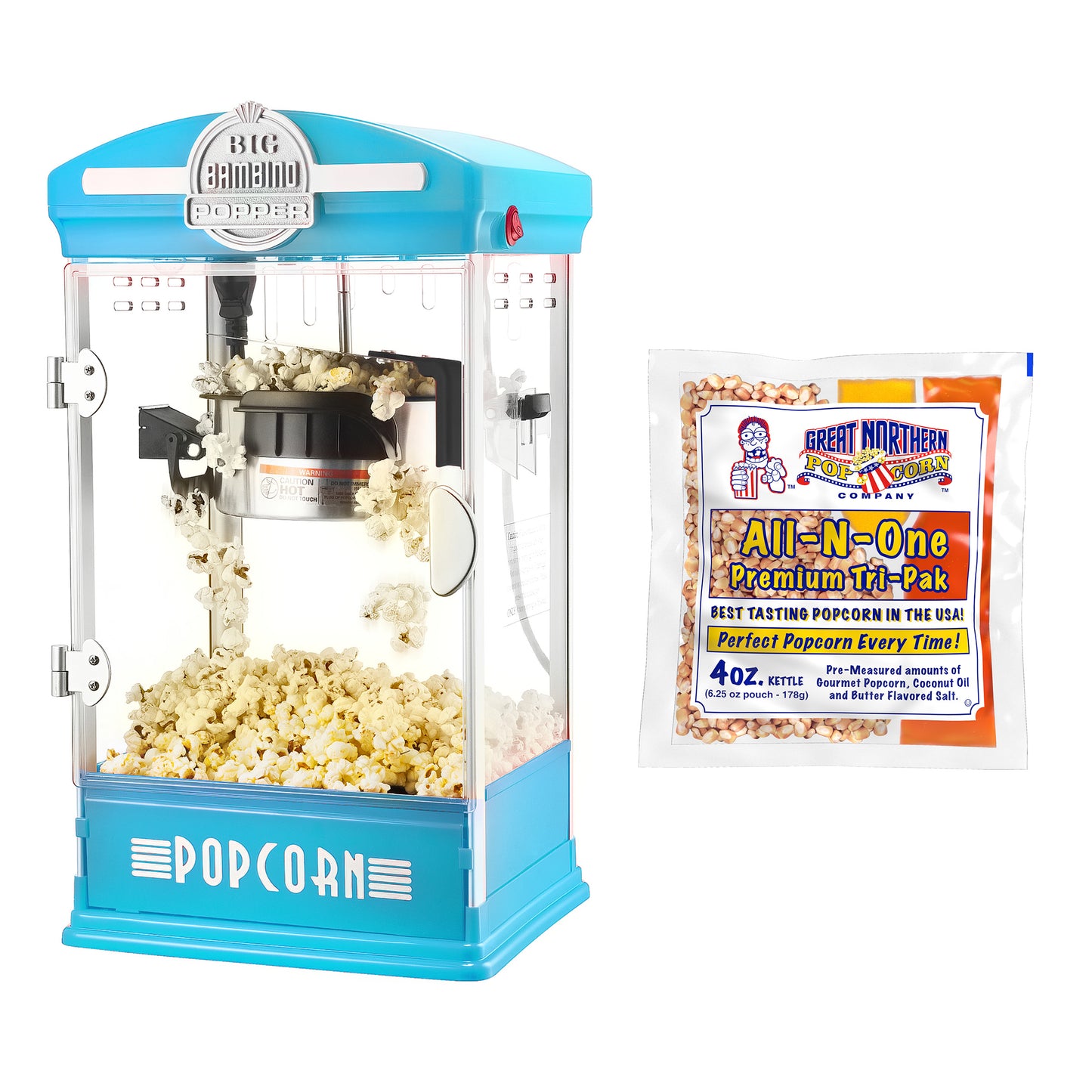 Big Bambino Popcorn Machine  with  4 Oz Kettle and 12 Pack of All-In-One Popcorn Kernel Packets - Blue