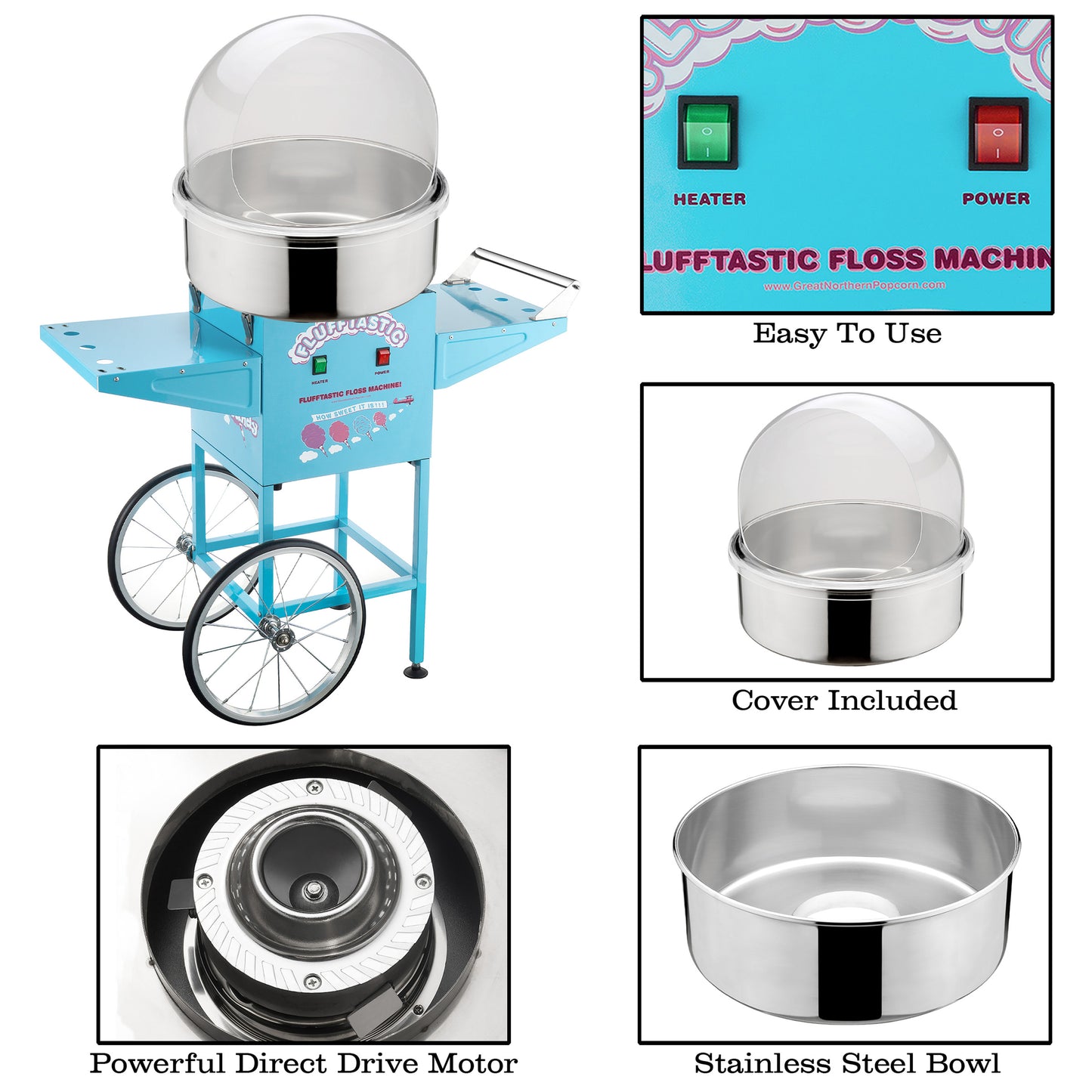 Flufftastic Cotton Candy Machine, Cart and Bubble Shield - Blue