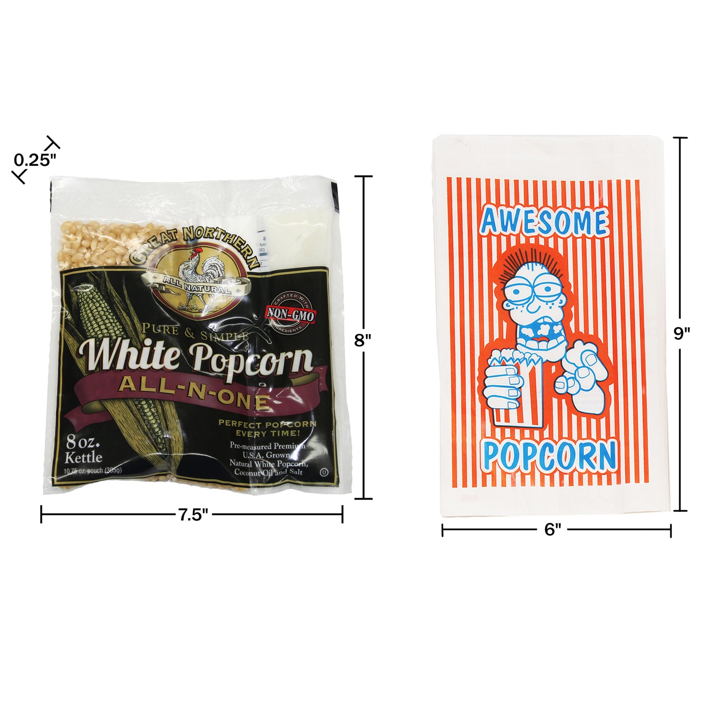 100 Popcorn Bags and 8 Ounce All-in-One Popcorn Packs  – Case of 24